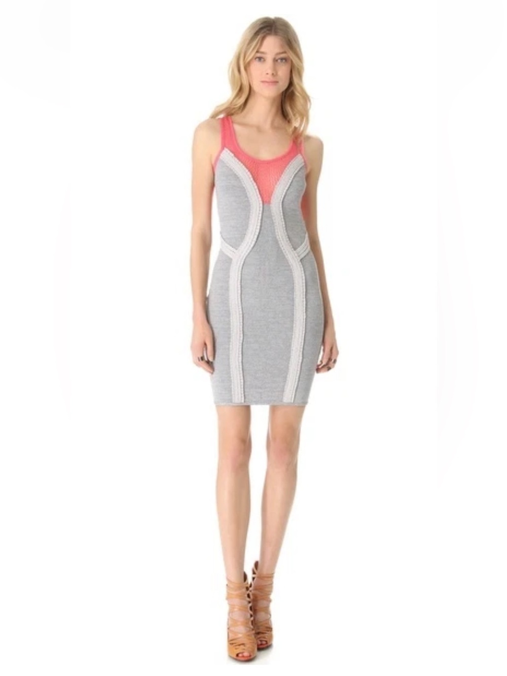 Cut 25 Yigal Azrouel Techno Knit Ruffle Braided Trim Mesh Fitted Dress